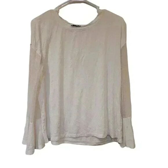 Very J Women's Ivory Rayon/Spandex Oversized Mesh/Ruffle Long Sleeve T-Shirt EUC - Picture 1 of 7